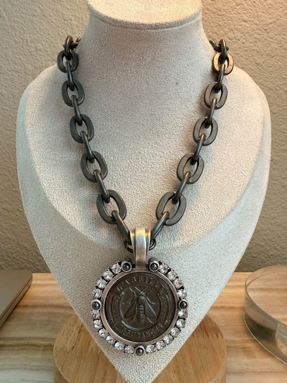 French Kande | Graphite Chain & Medallion Featuring Clear Swarovski Crystals